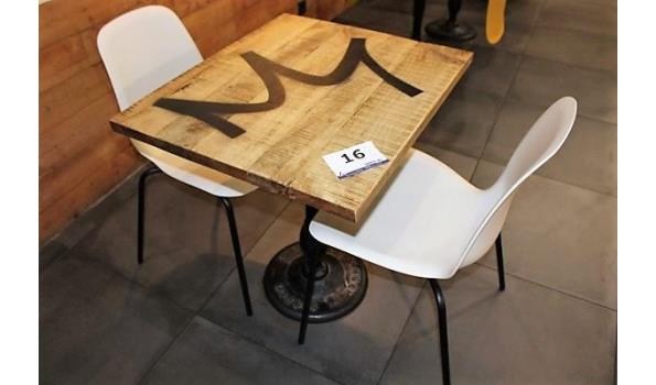 2 vierkante tafels, afm plm 70x60cm compl met 4 pvc stapelstoelen